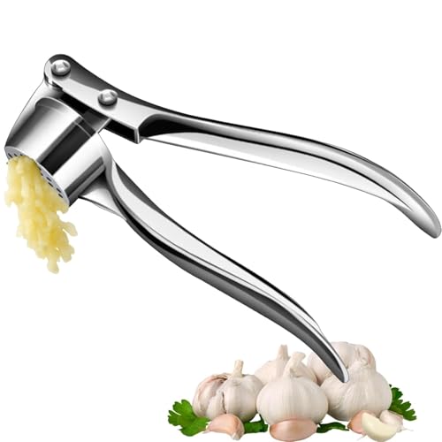 Image of Quick Garlic Press Crusher - Stainless Steel Garlic Mincer & Ginger and Garlic Crusher, Manual Curved Grinder with Garlic Peeler Tool & Chopper (Medium Size)