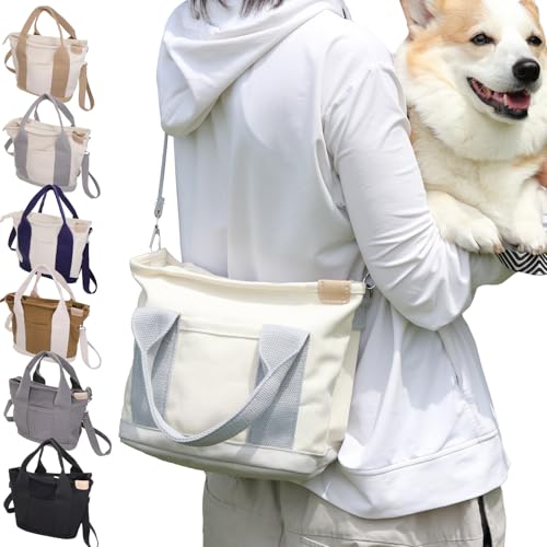 Lil&Fam 犬 お散歩バッグ 2way ショルダーバッグ トートバッグ ファスナー付き コンパクト 大容量 キャンバス ペットボトル 仕切り付き 犬用 (グレー&ホワイト)