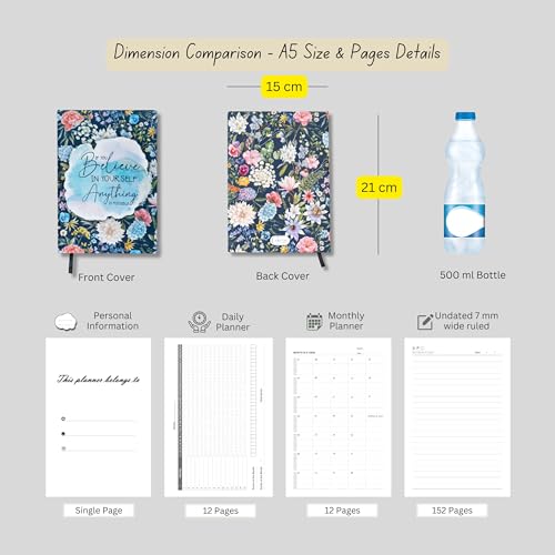 Image of Motivational A5 Hardcover Notebook Diary - Hardbound Journal with Daily & Monthly Planner, Undated Ruled Pages, Silk Ribbon Bookmark, Floral Quote Cover inchBelieve in Yourself inch, Writing Notebook for Women, Students & Office