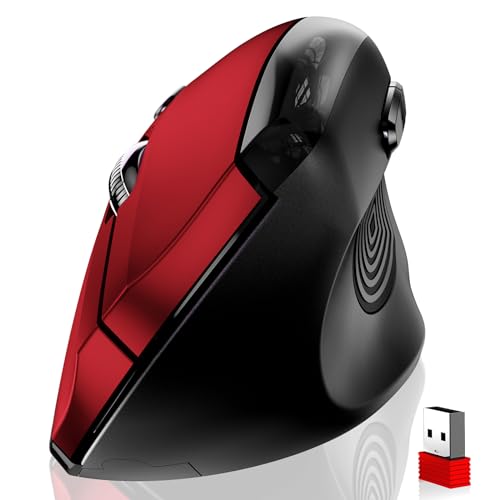 memzuoix Ergonomic Wireless Mouse, 2.4G Optical Cordless, 800/1200/1600 DPI, Vertical Computer Mouse for Laptop, Mac, PC, Desktop (Right Hand, Large) - Red