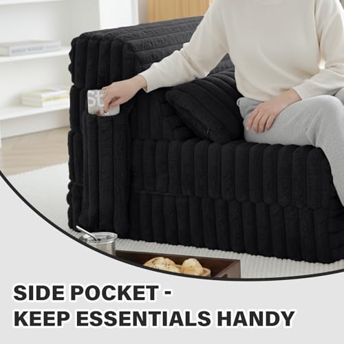 Image of Tiita Folding Sofa Bed Convertible Sleeper Chair Mattress with Pillow & Side Pocket, Thick Corduroy Floor Mattress Couch Bed, Single Size, Black