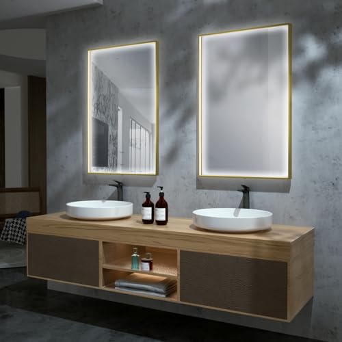 LEDIMEX - Espejo Baño con Luz LED y Antivaho 120x80cm | Espejo Cuarto de Baño con Luz Perimetral (Cálida, Neutra y Fría) y Sensor ON/Off | Espejo Rectangular de Pared con Marco Dorado para Mueble