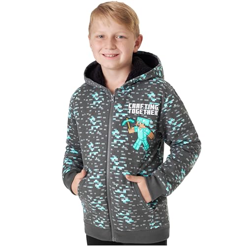 Minecraft Sudadera con Capucha y Cremallera para Niños 7-14 Años, Creeper Steve Chaqueta con Forro Sherpa, Regalo Gamer (13-14 Años, Gris)