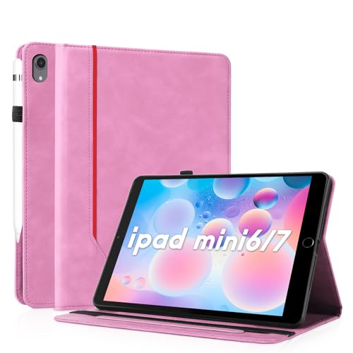 【CASAFUNY】iPad Mini 7 (A17 Pro 2024) / iPad Mini6 ケース 2021 8.3インチ 第7/6世代 耐衝撃 PUレザー カバー Apple Pencil 収納可能 オートスリープ/ウェイク機能対応 軽量 シンプル ビジネス風 カードポケット スタンドケース（ピンク）
