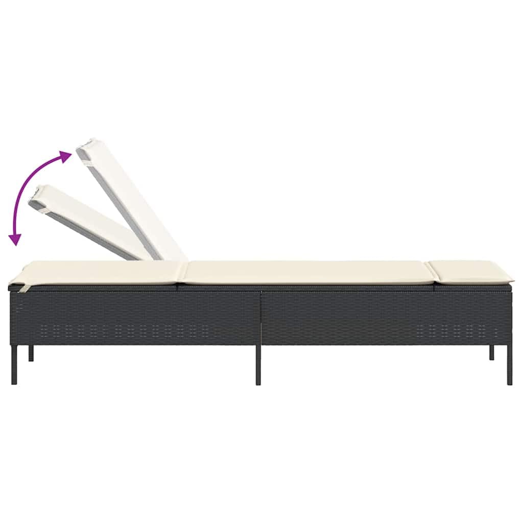 Tumbonas con cojines, 2 unidades, color negro, resina trenzada, chaise longue de jardín, respaldo ajustable en 5 posiciones, baño de sol, muebles para playa, terraza, balcón