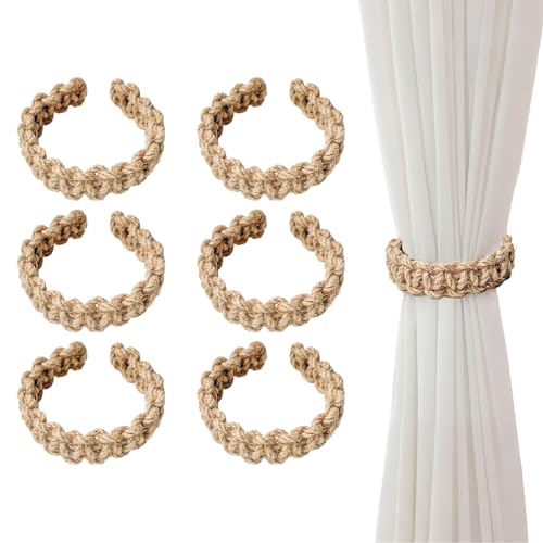 Aihoom 6 Piezas Abrazaderas de Cortina de Yute, Sujeta Cortinas Decorativas, Alzapaños para Cortinas, Curtain Tiebacks, Recoge Cortinas para Salón, Dormitorio y Oficina