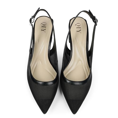 Image of QIY Womens Pumps Chunky Heel Pointed Toe Slingback Heels for Women