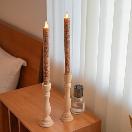Image of Flameless Taper Candles Flickering with Remote and Timer, 3D Moving Flame Taper Candle Battery Operated to 400 Hours, 9 Inch Window Candles, (Bark)