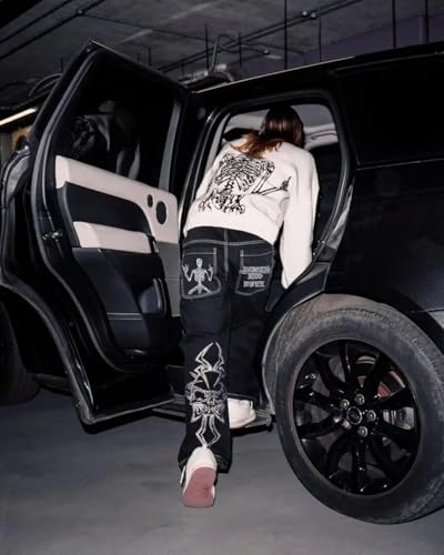 Y2K Beggy Jeans for Women Men Denim Pants Skull Embroidery Gothic Jeans Straight Wide Leg Trouser3