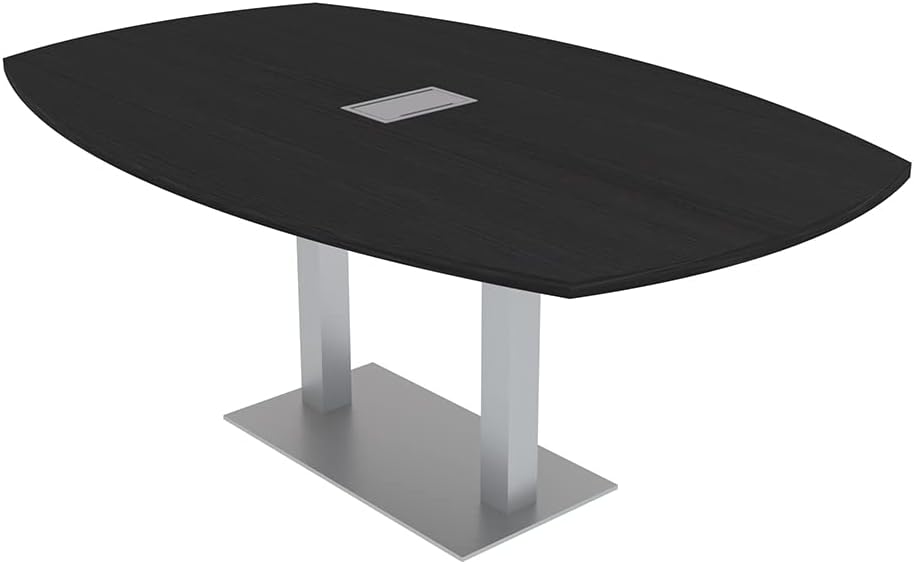 Harmony Series 6-Person Arc Boat Shaped Conference Table with Power & Data | Office Table with Brushed Silver Square Metal Bases | Meeting Tables for Offices and Homes | Black Cypress – 7ft
