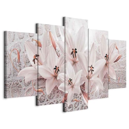 B&D XXL - Quadro Fiori Giglio 150x75 cm 5 Pezzi - Stampa su Tela con Struttura XXL Grande - Quadri Moderni Componibili Camera da Letto Matrimoniale - Stampe da Parete Arte - Astratto Natura