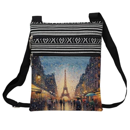 Oil Painting Eiffel Tower Messenger Bag Small Ethnic Pattern Printed Adjustable Strap Crossbody Zipper Bag Oil Painting Eiffel Tower Phone Bag Wallet Cute Shoulder Handbag for Women