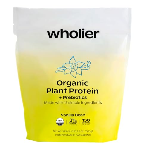 wholier Organic Plant Protein + Prebiotics. Clean Vegan Protein. 21g of Protein. 12 Real Plant Ingredients. Prebiotic Fiber. No Natural Flavors, Gums or Fillers. Vanilla Bean (1 lb. 3 oz.)