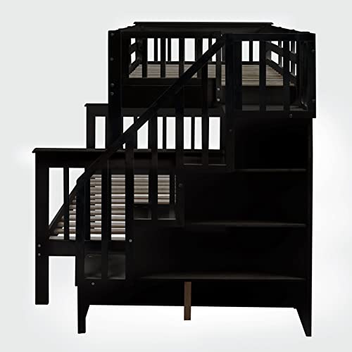 Rockjame Bunk Bed With Trundle, Wood Bedroom Furniture Twin Over Full Bunk Bed Frame With Stairway, Storage And Safety Guard Rail, Convertible To Separate 2 Beds (Espresso) #TOP7
