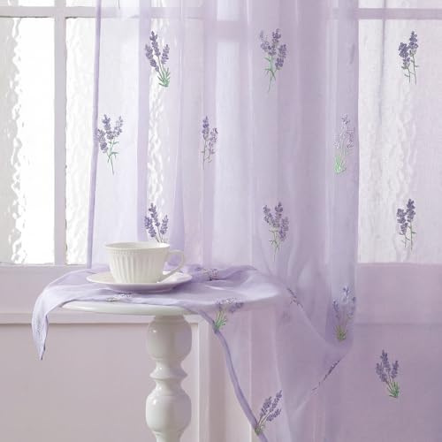 Tegeme 2 Panels Purple Lavender Sheer Curtains for Girl Boy Bedroom 84 Inches Long Embroidered Voile Curtains Decorative Coquettish Sheer Shades Linen Window Decor for Summer Home Party Office
