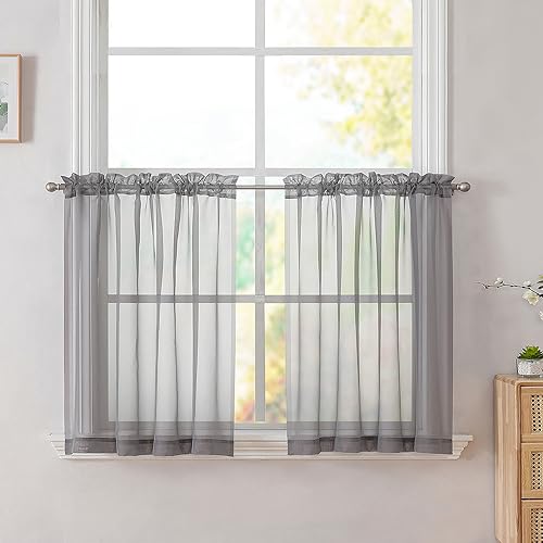 Image of Simplebrand Grey Tier Curtains for Kitchen 24 Inches Long 2 PaSet, Rod Pocket Cafe Curtain Light Filtering Sheer Short Curtains for Bathroom /Basement Half Window 42 x 24 Inch, 2Pcs, Gray