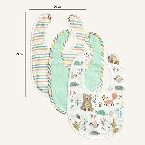 Image of abracadabra Muslin Bibs with Adjustable Snap Button Closure, Super Absorbent, Soft, Comfortable & Lightweight, Set of 3 - Bambi & Friends