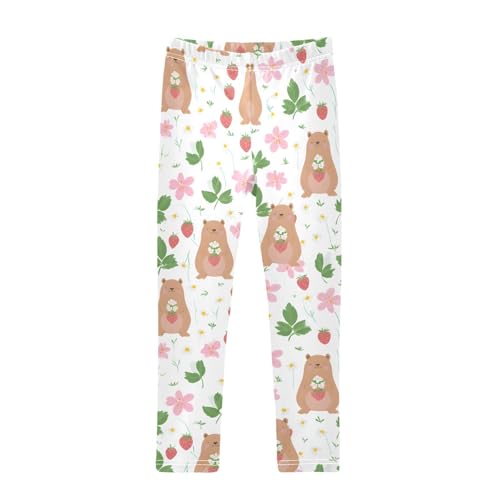 Cute Bear Strawberry Floral Girls Leggings Soft Stretch Workout Yoga Dance Pants for Kids Casual Tights