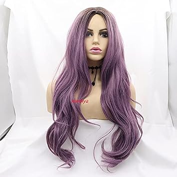 xiweiya Ombre Purple Synthetic Wigs with Light Roots 2 Tones Long Purple Wavy Wigs Middle Part Long Straight Blonde Wig Heat Resistant Fiber Half Hand Tied Wig For Women 24inch...