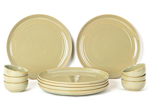 Image of Bodhi House Handcrafted Chip Resistant Porcelain Dinner Set, 12 Pieces Dish Set Serving for 6, Microwave and Dishwasher Safe, Bone-ash Free, Crockery Set for Dining and Gifting, Olive Green