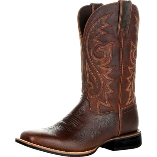 Cowboy Boots for Men, Round Toe Western Boot Classic Fashionable Embroidered Slip-Resistant Country Shoes for Spring Fall