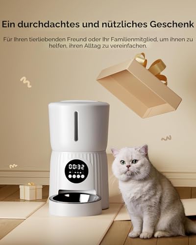 Faroro Futterautomat Katze, 4L Katzenfutter Automat, Futterspender Katze Mit 1–6 Mahlzeiten Pro Tag, Portionskontrolle, 10s Sprache, Langsames Füttern (Weiß)