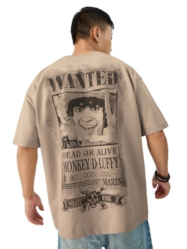Image of The Souled Store Official One Piece: Most Wanted Men and Boys Short Sleeve Round Neck Brown Graphic Printed Cotton Oversized T-Shirts