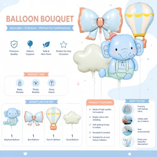 Image of Rozi Decoration Elephant Foil Balloons 4 Pcs Set for Birthday Decoration, Blue Elephant, Bow, Hot Air Balloon and Cloud Foil Balloons for Kids Party