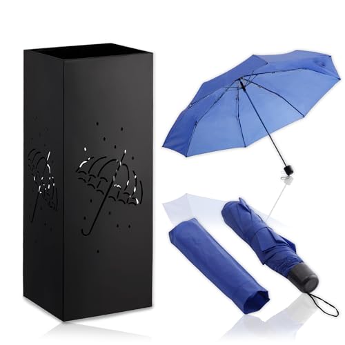 K AKTUAL - Paraguero Cuadrado con Paraguas Plegable - Paragueros Modernos de Color Negro con Ganchos y Bandeja antigoteo extraíble - Paragüero de Metal 15 x 15 x 50 cm