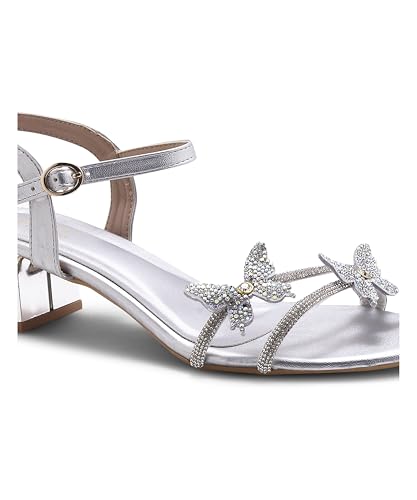 Image of JM LOOKS Butterfly Heels Heeled Sandals Rhinestone Crystal Butterflies Heels Open Round Toe low Block Heels 2 Inch Women's Ankle Strap Shoes