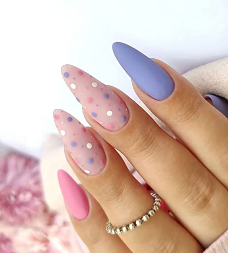 24 Pcs Press on Nails Medium, Sunjasmine Fake Nails Almond Glue on Nails, False Nails with Glue, Acrylic Nails for Women and Girls (Blue and Pink)