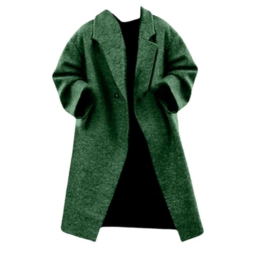 AMDOLE Lässiger langer Damenmantel, Gürtel, weniger Revers, locker sitzend, Manteljacke mit Wolle, grün, L