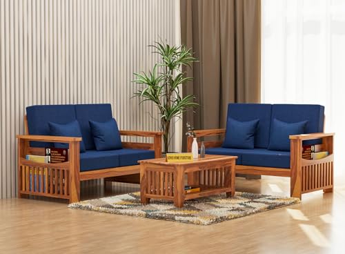 Image of Sheesham Wooden 4 Seater Sofa for Living Room | Rosewood 4 Seater Cushion Sofa Side Half Moon Rack | Solid Wood Sofa Set for Lounge (-2+2,Honey Finish)