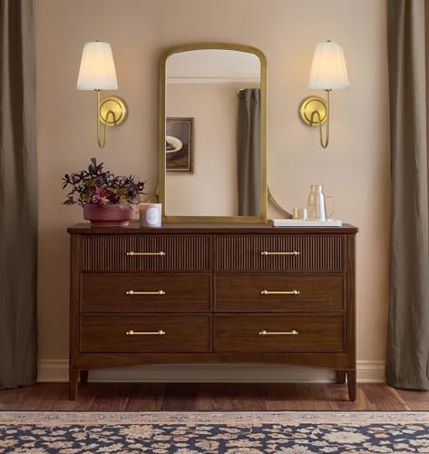 Image of Electro bp;Elegant Single Wall Sconces White Pleated Brocade Fabric Lamp Shades with Polished Gold Curved Metal Arm Covered Wall Light,E12,40W,Hardwired(Set of 2);