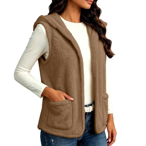 Womens Hooded Fleece Vest Fuzzy Sleeveless Open Front Jacket with Pockets - image 5