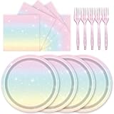 72 Pcs Pastel Rainbow Paper Plates 7in Disposable Birthday Dessert Plates Napkins and Forks Party Tableware Set Decoration Supplies for Girls Birthday Baby Shower Wedding Graduation Party, Serve 24