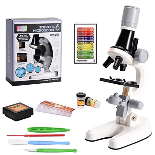 Microscope Children Biological Microscope Kit 100X-400X-1200X(White A)