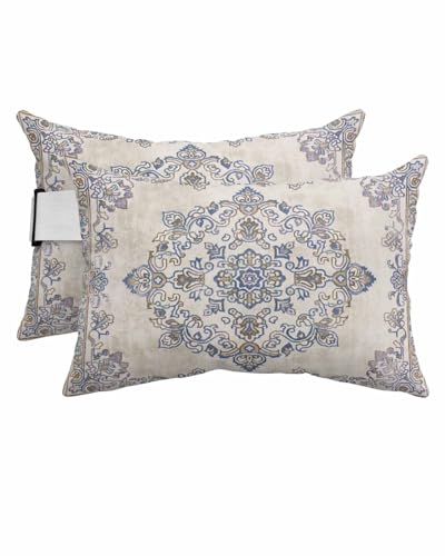 Boho Floral Beige Outdoor Beach Pool Lounge Chair Head Throw Pillow Covers 11x16 With Insert And Elastic Stripe Set of 2,Lumbar Cushion Pillow Cases,Multi Traditional Oriental Boho Tribal Ethnic