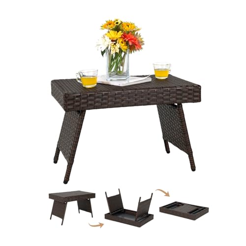 GIANTEX Table Basse Extérieure en Rotin, 60 x 40 x 40 cm, Petite Table Pliante de Jardin avec Patins Réglables, Mobilité Facile, Charge 45 kg, pour Salon de...