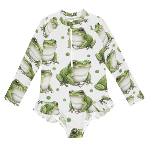 Frog Pattern Polka Background Girls Rash Guard Swimsuits Long Sleeve One Pieces Bathing Suit UPF 50+ Zipper Swimwear