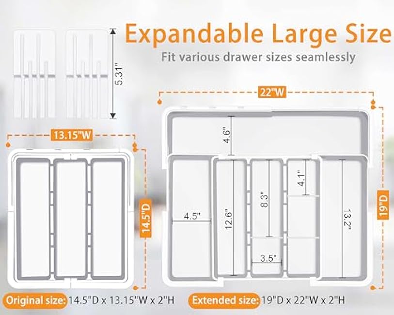 Homecor Kitchen Utensil Drawer Organizer, Large 22x 19 Expandable Silverware Organizer with Removable Knife Block, Utensil Holder and Cutlery Tray, Kitchen Spatula Tools and Gadgets Storage, White
