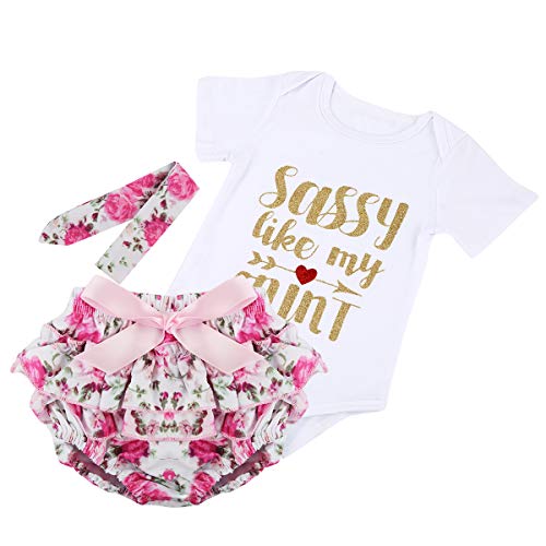 Puseky 0-24M Infant Baby Girls Letters Romper+Floral Shorts+Headband Clothes Set (6-12 Months, White+Floral) #TOP2
