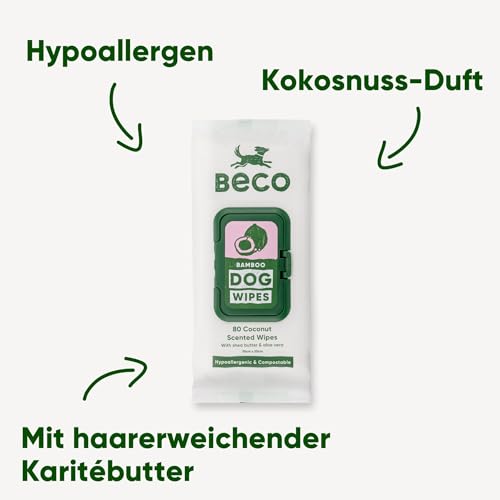 Beco Bambus Hundetücher - Plastikfrei 80 Tücher, Kokosnuss-Duft, Für Pfoten, Körper und Po, Pflanzliche Pflegetücher