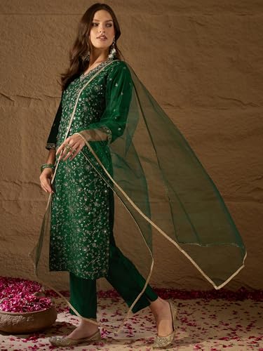 Image of Vaamsi Women's Silk Blend Floral Embroidered Straight Kurta Pant With Dupatta With Cotton Inner