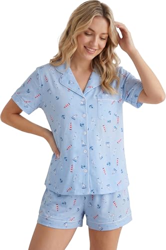 Image of LUBOT 100% Cotton Pajamas for Women 2 Piece PJ Set Button-Down Soft Knit Short Sleeve Summer Sleepwear Loungewear XS-XXL