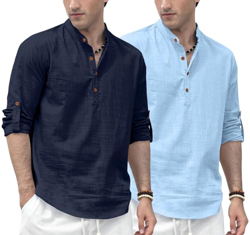 Image of Zombom Men's Combo Cotton Polyester Blend Solid Full Sleeve Straight Regular Fit Mandarin /Chinese Collor Kurta (Pack of 2)