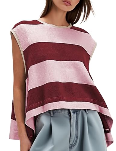 QIBABU Summer Striped Tank Tops for Women Oversized Sleeveless Sweatshirt Knitted Flowy Boxy Shirts