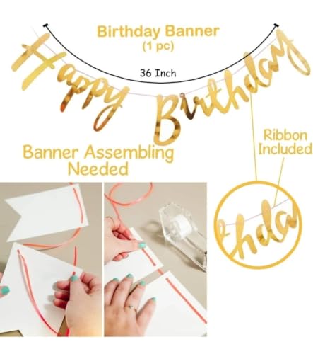 Image of MOOKE Gold Birthday Decoration Set - Happy Birthday Banner, Gold Confetti Balloons With LED Light, Unisex-Adults, Unisex-Kids (19)