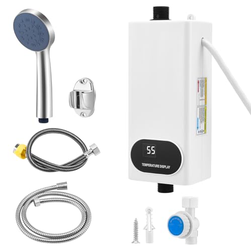 Calentador de agua sin depósito de 5500 W con juego de ducha, calentador de agua instantáneo de 220 V con pantalla digital LCD y botones táctiles, adecuado para ducha, baño/cocina/lavabo (E)