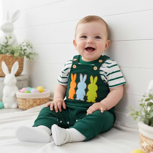 Image of Bay Boy Easter Outfit Newborn Striped Bodysuit Bunny Carrot Overalls Pants Set Infnat Cute Spring Summer Clothes